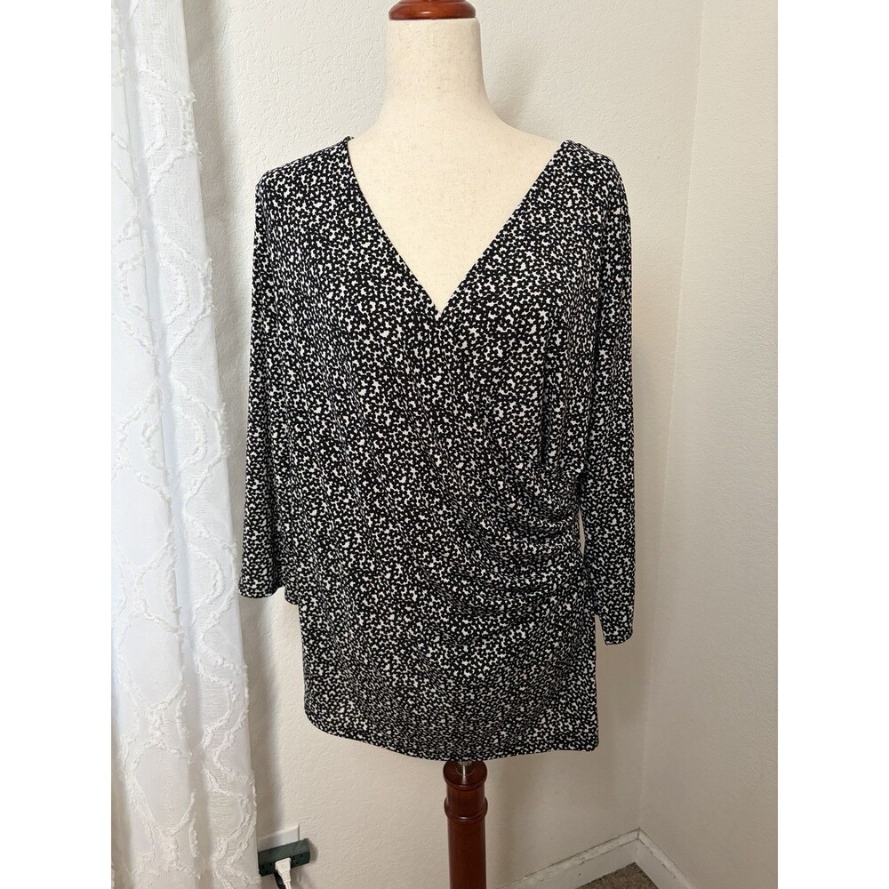 Ann Taylor Women Size XL Black White Ruched Wrap Top 3/4 Sleeve Professional
